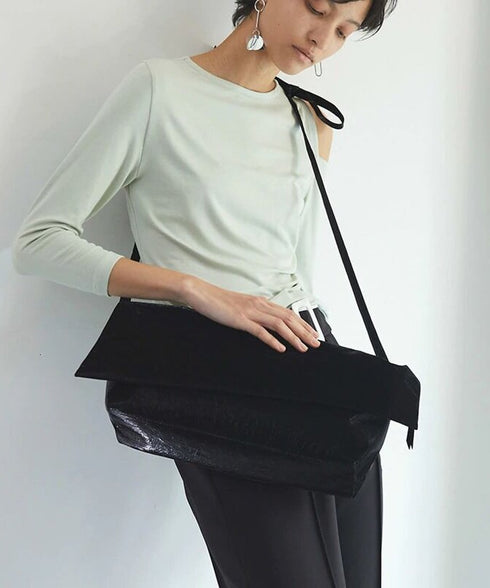 Glossy Wide Flap Shoulder Bag